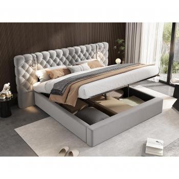 Lit coffre 160 x200 cm en velours gris, lampadaire intégré, sommier à lattes inclus