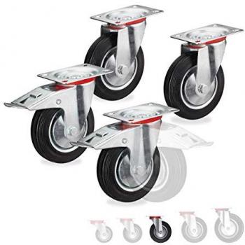 Kit de 4 Ruedas Cargas Pesadas, Giratorias 360°, Con Rodamiento a Bolas, 2 Ruedas con Freno, Capacidad de Carga 320kg, 125mm, Color Negro