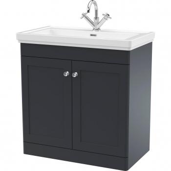 Nuie Classique 2 Door Floor Standing Vanity Unit and 66mm Profile Basin with 1 Tap Hole | Soft Black | MFC | 800mm