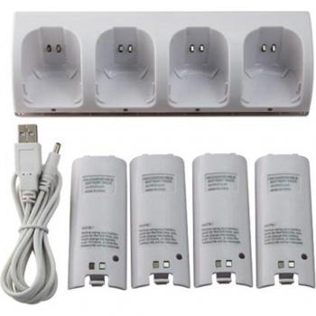 Dock de charge 4 ports pour télécommande Wii + 4 batteries 2800mAh + câble USB noir