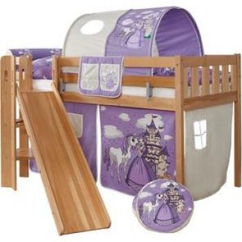 Letto rialzato con scivolo TiCAA Ekki, faggio nature, cavallo viola
