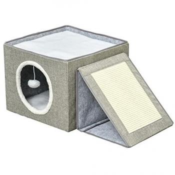 Lit Niche Pliable pour Chat avec 2 Coussins Lavables, Boule Suspendue et Grattoir