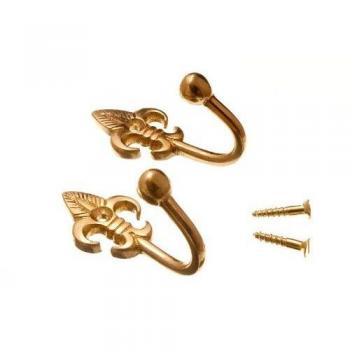 Fleur De Lys Ball End Curtain Tie Back Hold Hooks in Brass