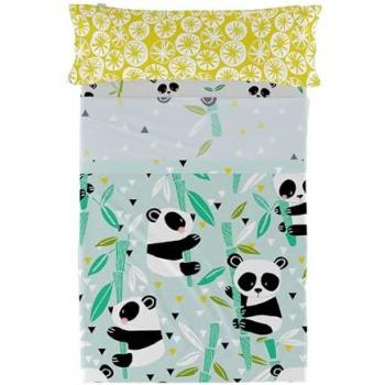 Juego de Sábanas Happyfriday Panda Jardín Azul 2 Piezas | 100% Algodón | Calidad 150 TC | Fabricado en España