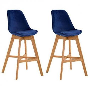 Samtblauer Barhocker – 2‑er Set Cannes, Holzgestell in Natur, Lehneneinbau