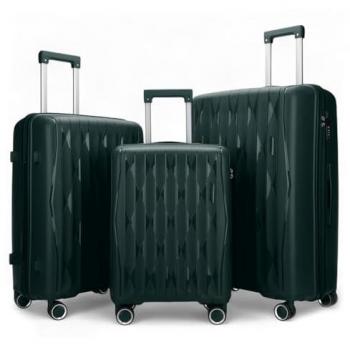Green Infinity Leather Hard Shell Strong Suitcase Set 8 Wheel Cabin TSA Luggage Case Holiday Travel