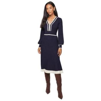Wallis Navy Knit Pleated Midi Dress, Zip Front, Size M