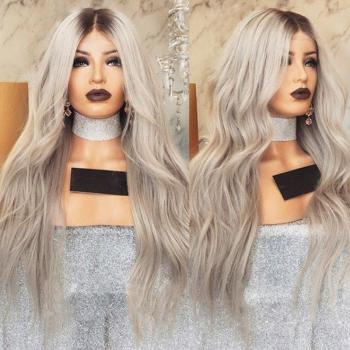 Perruque Femme Gris Longues Vagues, Dentelle Frontale, Haute Température