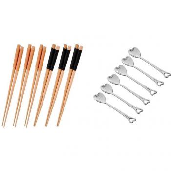 6 Pairs of Japanese Wooden Chopsticks & 6 Stainless Steel Heart Coffee Spoons