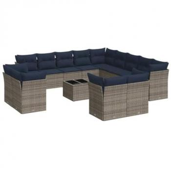 VidaXL Gray Poly Rattan 14-Couch Patio Set with Comfort Cushions