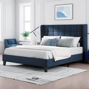 Letto matrimoniale Okwish in lino blu, 140x200, rete a doghe e testiera imbottita