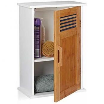 Pensile da Appendere Relaxdays, Mobile Bagno, Legno MDF e Bambù, 1 Anta, 2 Ripiani, 51,5x35x20 cm