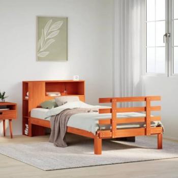 Bett aus massivem Holz 90 × 200 cm – Wachsbraun, Regal integriert (ohne Matratze)