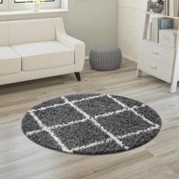 Paco Home Tapis Scandinave Ronde – 160 cm – Poils Longs & Doux – Losanges Anthracite