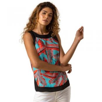 Roman Women's Orange Contrast Trim Leaf Print Sleeveless Top