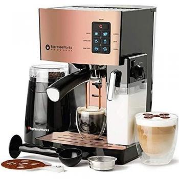 EspressoWorks 10-Piece Espresso Machine & Cappuccino Maker Set with Milk Frother, Grinder, Cups, and Stencils