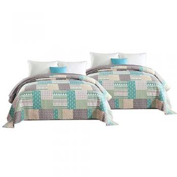 WOLTU Couverture de Lit, Duo de Couvre-Lits, Patchwork, 170x210cm, Gris+Vert