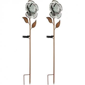 Set di 2 lampade solari a LED per giardino a forma di fiore con picchetti in argento ruggine