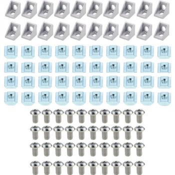 Aluminum Profile Assembly Kit: 20 Corner Brackets + 40 M5 T-Slot Nuts + 40 M5x8mm Hex Socket Screws
