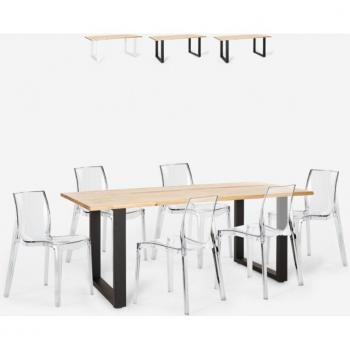 Table à manger en bois et métal avec 6 chaises transparentes