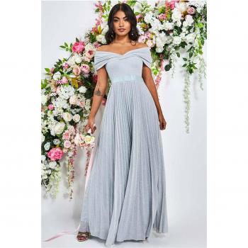 Silver Satin Goddiva Bardot Wedding Dress