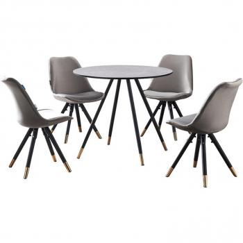 Grey Wooden Dining Table and Dark Grey Velvet Chairs Set