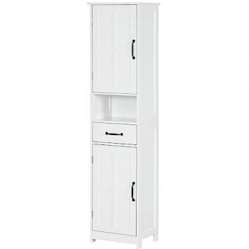 Columna de Baño Moderno KLEANKIN Mueble Auxiliar con 2 Puertas 1 Cajón Estante Abierto y Estantes Ajustables Antivuelco 40x30x164 cm
