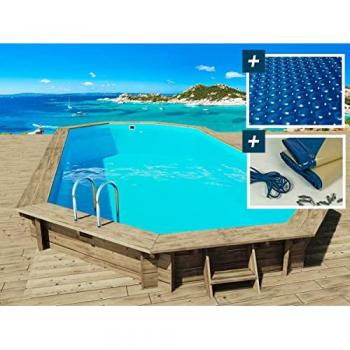 Jardin Habitat Piscina Legno Ottagonale 8,57x4,57m con Telo di Copertura 180 µ + Telo Invernale