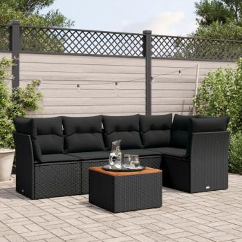 6-Piece Black Poly Rattan Sofa Set with Cushions