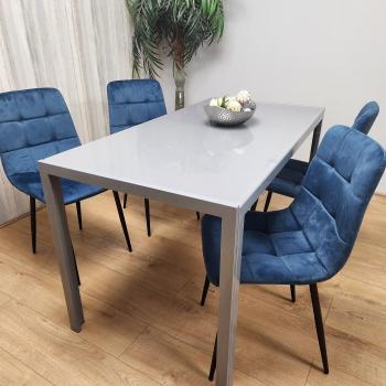 Dining Table Set with Grey Glass Top and 4 Tufted Velvet Chairs