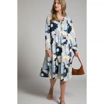 Abito lungo con fiori, maniche lunghe, scollo a tunica, Donna, Blu, Taglia 60/62, Cotone/Poliestere