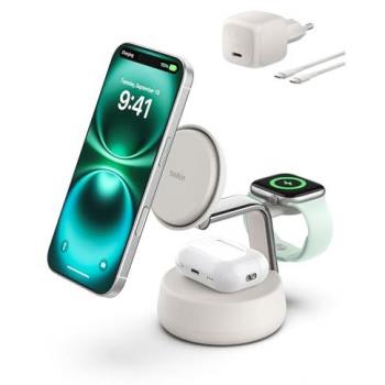 Belkin Chargeur UltraPro 3‑in‑1 Magnétiquë – Qi2 25 W – Chargement Rapide – Sand