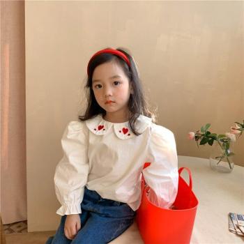 Soft Cotton Blouse for Girls with Doll Collar and Heart Embroidery