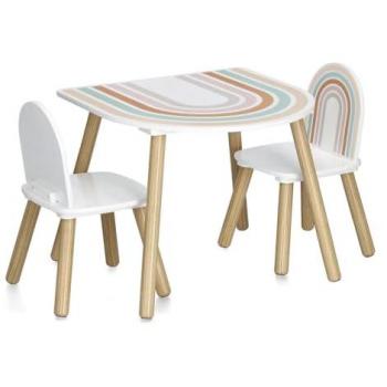 Kinder-Sitzgarnitur Rainbow 3-teilig aus MDF und Kiefer, Tisch + 2 Stühle
