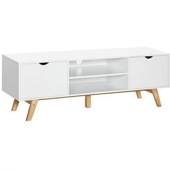 Homcom Meuble TV style scandinave 2 portes 2 niches blanc bois hévéa Blanc 150x50x39cm
