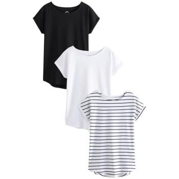Next Cap Sleeve T-Shirts für Damen – 3er-Set in Schwarz, Weiß & Streifen