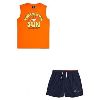 Completo Smanicato e Shorts Champion Legacy Back To The Beach per Bambini e Ragazzi, Arancione/Blu Marino