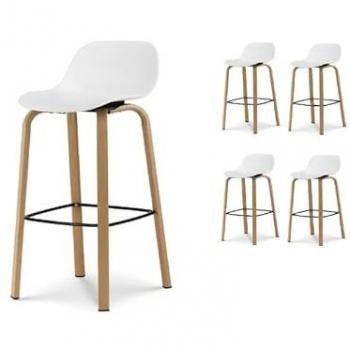 Cohorte de quatre tabourets de bar blancs, finition scandinave, pieds bois en métal – 76 cm