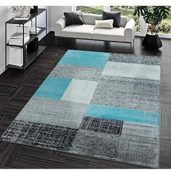 Teppich Kurzflor – Preiswertes Vintage Karo‑Muster, 200x280 cm – Leicht zu reinigen – Farben: Weiß, Grau, Türkis