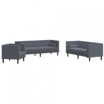 VidaXL Chesterfield-Sofa-Set 3-teilig Dunkelgrau Samt mit Nackenrollen