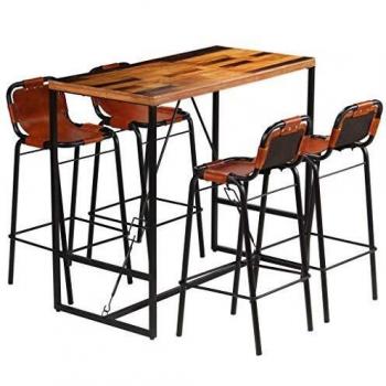 Bar Set 3 Pieces vidaXL Solid Reclaimed Wood and Genuine Goat Leather