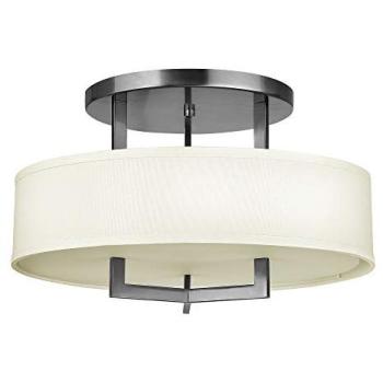 Three‑Bulb Semi‑Flush Lamp, Off‑White Linen, Antique Nickel, 75 W LED