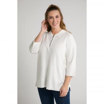Maglione con colletto polo e zip parziale, donna, bianco, taglia 52/54, cotone/fibre sintetiche