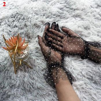 Black Summer Polka Dot Tulle Gloves – Flexible Full Finger Lace Sheer Silk Shorts