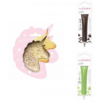 Pacchetto Biscotti a Relief Unicorno + 2 Penne cioccolato Marrone/Verde Chiaro