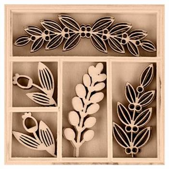 Mini décos bois feuillages blanches, set de 15