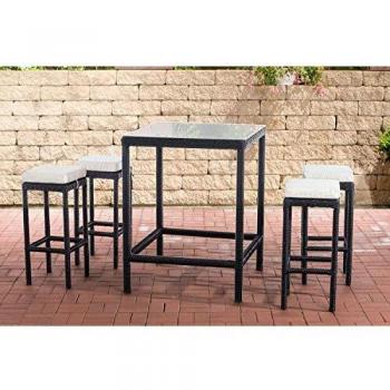 CLP Polyrattan Gartenbar-Set Alia 5mm I Rundrattan Gartenmöbel-Set Mit Tisch Und 4 Barhockern Inkl. Sitzkissen I, Farbe:schwarz, Polsterfarbe:Cremeweiß