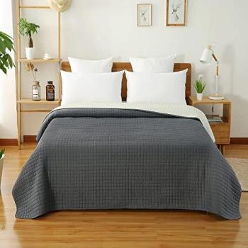 Couverture de Lit Flannel Double 240x260cm, Patchwork Gris-Crème