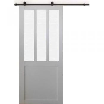 Porte Coulissante Atelier Blanc Vitre Dépolie H204 x L73 + Rail à Roulettes et 2 Coquilles GD MENUISERIES