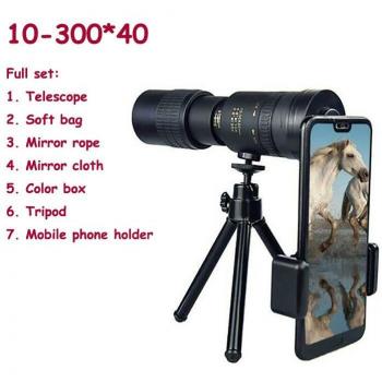 4K Monocular Telescope 10-300x40mm with Smartphone Tripod